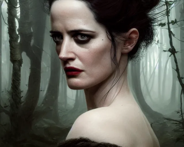 Prompt: 5 5 mm portrait photo of a real life tough looking eva green as ciri with ashen hair and a large scar along her left cheek, in a magical forest. dark atmosphere. art by greg rutkowski. highly detailed 8 k. intricate. lifelike. soft light. nikon d 8 5 0.