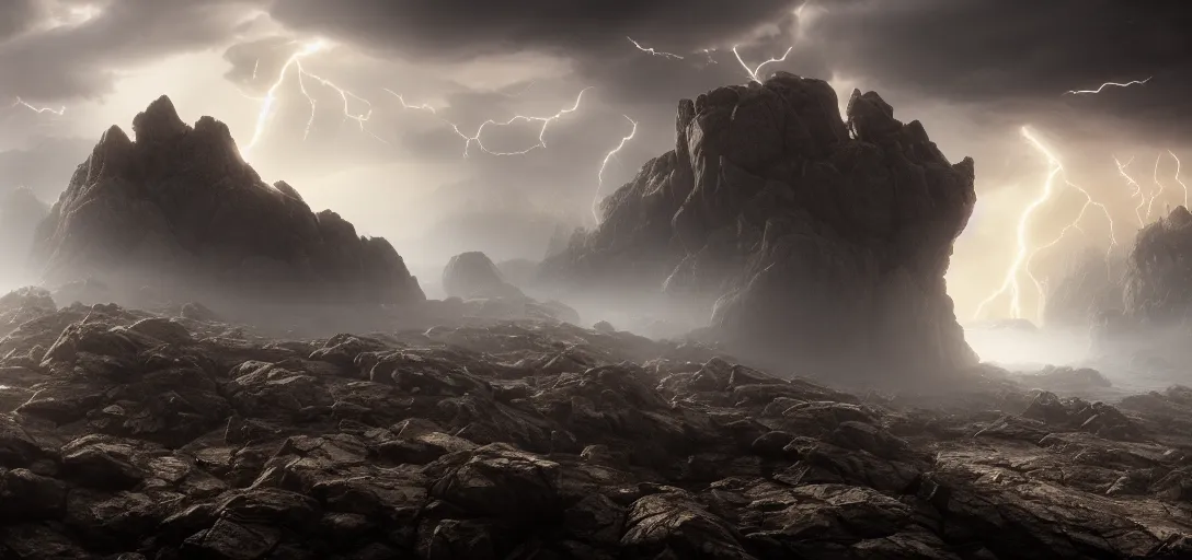 Image similar to dramatic view of empty rocky wasteland, mysterious fog, sharp craggy rocks, glowing ominous clouds, lightning, unreal engine, dramatic lighting, detailed, ambient occlusion, global illumination, god rays, 3 d artstation render by greg rutowski and jessica rossier