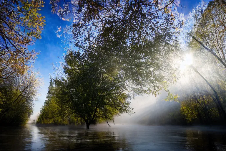 Image similar to low-angle photo aimed at the underside of Edmonton Walterdale bridge, light river mist, river reflection of summer trees and Edmonton Alberta hillside city towers, volumetric light, specular highlights on water, noon, dynamic raised shadows, high dynamic range, highlights reduced, sigma 24mm f8