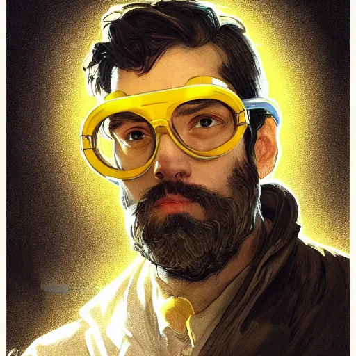 Prompt: an inventor, goggles, thin beard, messy black hair, d & d, yellow background, fantasy, intricate, cinematic lighting, highly detailed, digital painting, artstation, concept art, smooth, sharp focus, illustration, art by artgerm and greg rutkowski and alphonse mucha