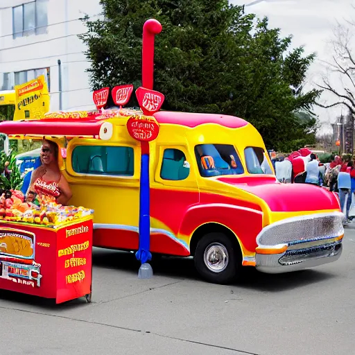 Image similar to the Oscar Meyer Weinermobile crashing into a fruit stand, photo, f1.7 35mm prime, award winning