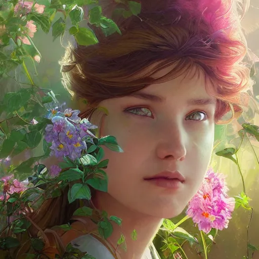 Prompt: girl smelling colorful flowers, spring garden, highly detailed, digital painting, cgsociety , concept art, sharp focus, illustration, art by artgerm and greg rutkowski and alphonse mucha