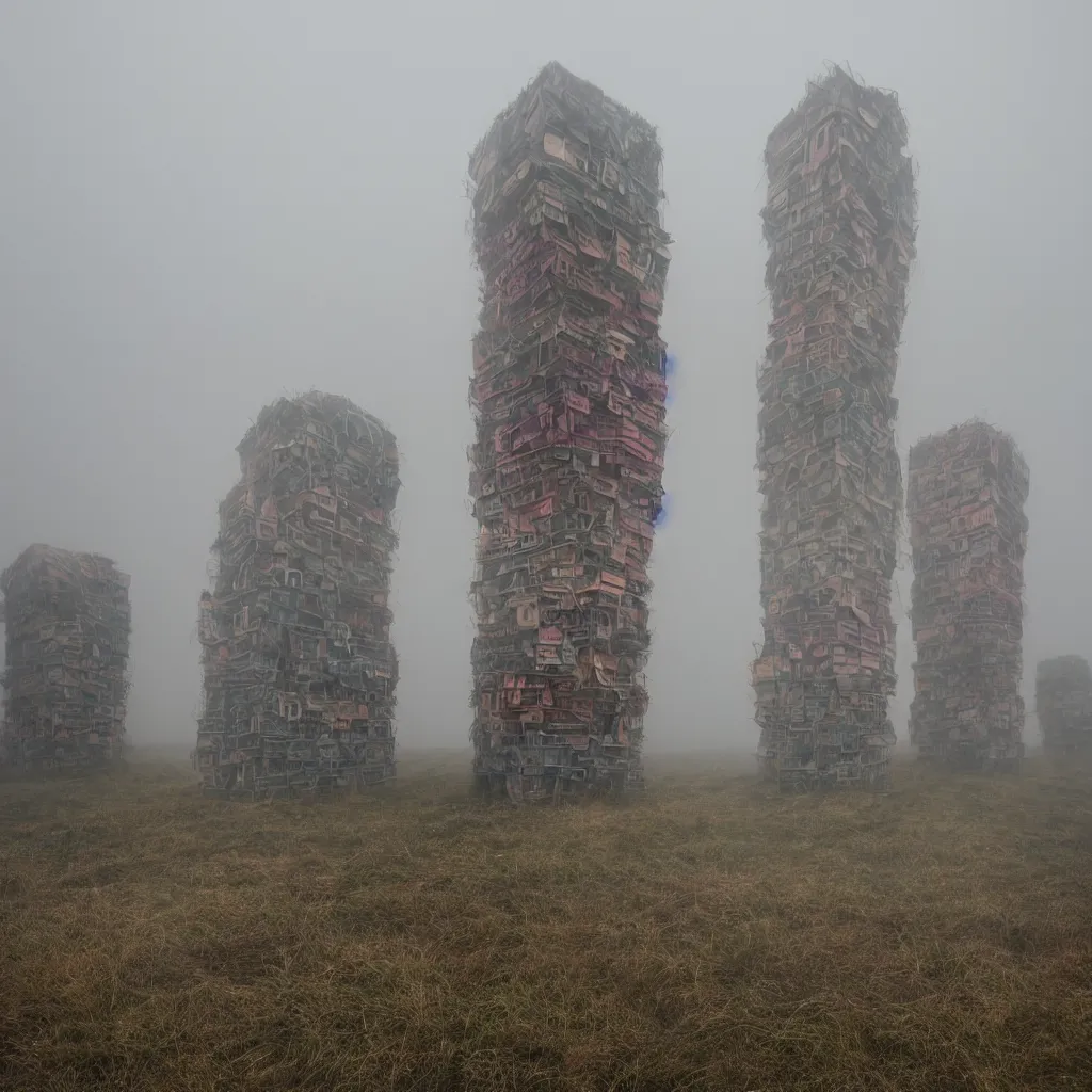 Prompt: two organic looking towers, made up of makeshift squatter shacks with pastel colours, uneven dense fog, dystopia, hasselblad x 1 d, fully frontal view, very detailed, photographed by jeanette hagglund