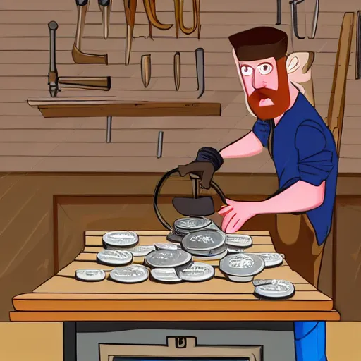 Image similar to cartoon blacksmith is minting coin on his anvil