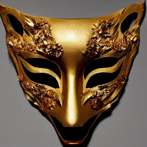 Image similar to a beautiful kitsune mask carved in wood with some gold leaf accents, made by iris van herpen