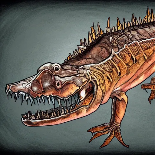 Image similar to digital art, a dissected crocodile with skin of water, muscles of fire and bones of aluminum