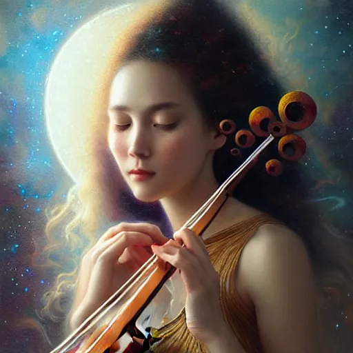 Image similar to a high quality life like portrait of a very very beautiful! celestial goddess of life playing a mystical violin and springing life into the universe, highly detailed, intricate, sharp focus, fantasy, mystical, dreamlike, by WLOP and greg rutkowski