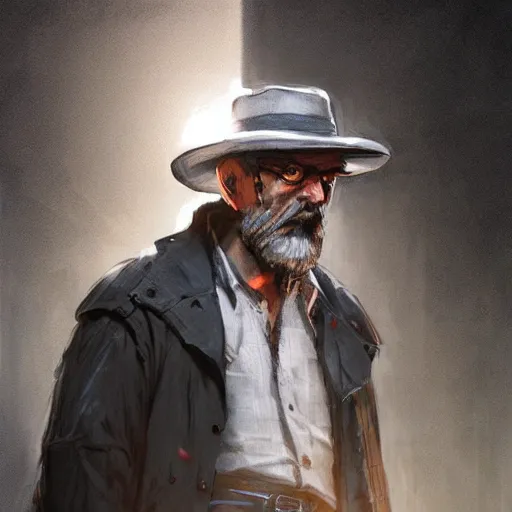 Prompt: portrait of a 55 year old man with short gray hair and a round gray beard, wearing a checkered shirt and a wide brimmed hat, dramatic lighting, illustration by Greg rutkowski, yoji shinkawa, 4k, digital art, concept art, trending on artstation