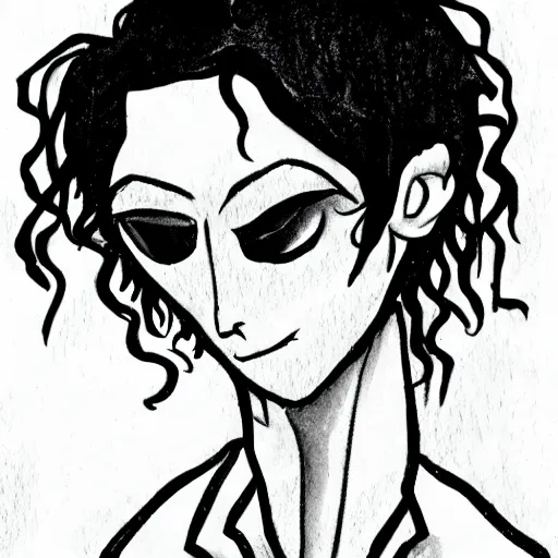 Image similar to young man portrait, black hair, skinny, sleep deprived, corpse bride art style