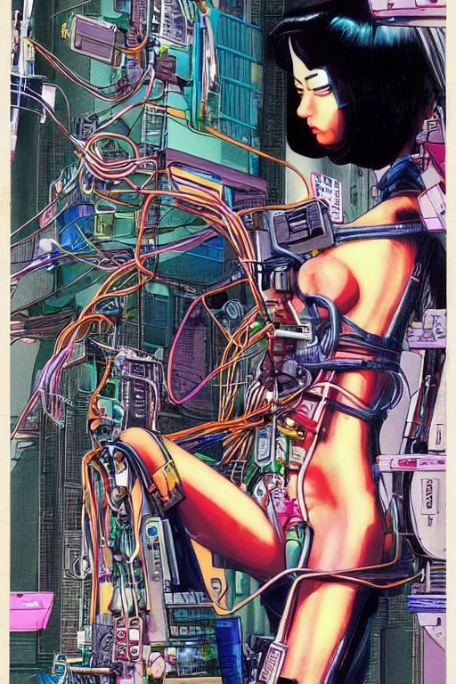 Image similar to a crazy cyberpunk illustration of a female android seated on the floor in a tech labor, seen from the side with her body open showing cables and wires coming out, by masamune shirow and katsuhiro otomo, japan, 1980s, dark, colorful