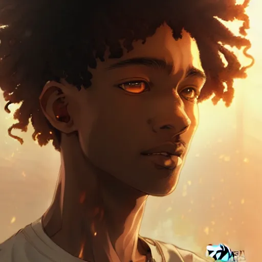 Image similar to Portrait of man with curly short hair and brown skin, atmospheric lighting, intricate detail, cgsociety, ambient light, dynamic lighting, anime style by Yusuke Kozaki