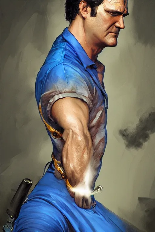 Image similar to Bruce Campbell in a blue bloody shirt with a shoulder strap, innocent, intricate, elegant, highly detailed, digital painting, artstation, concept art, smooth, sharp focus, illustration, art by artgerm and greg rutkowski and alphonse mucha