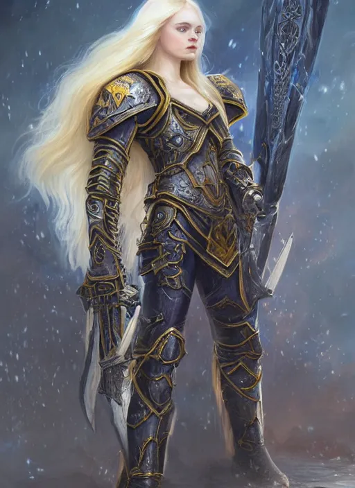 Image similar to Elle Fanning a Warhammer 40k paladin, glorious LONG BLOND hair, by Ivan Aivakovsky, by Boris Vallejo, epic fantasy character art, D&D Concept Art, full length, Realistic, Regal, Refined, Detailed Digital Art, Oil Paining, Exquisite detail, post-processing, masterpiece, Cinematic Lighting, Unreal Engine, 8k, HD