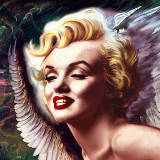 Image similar to an extremely detailed matte painting marilyn monroe as a terrifying valkyrie descending from valhalla on a pegasus, in the style of magic the gathering, 8 k, sharp focus, detailed face, art by john collier and albert aublet and krenz cushart and artem demura and alphonse mucha