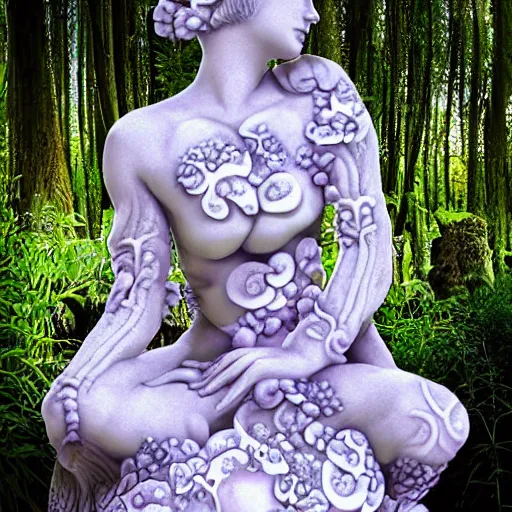 Prompt: an idealistic marble statue with fractal flowery hair in a fractal garden, glowing delicate flower and mushrooms that grow in a dark fatansy forest on the planet pandora,, symmetrical,