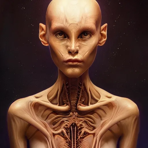 Image similar to wide angle full body portrait of an alien female, a perfect face and perfect body, thin waist, intricate, single face, highly detailed, digital painting, artstation, concept art, smooth, sharp focus, illustration, Unreal Engine 5, 8K, art by artgerm and greg rutkowski and alphonse mucha and david cronenberg and h.r. giger