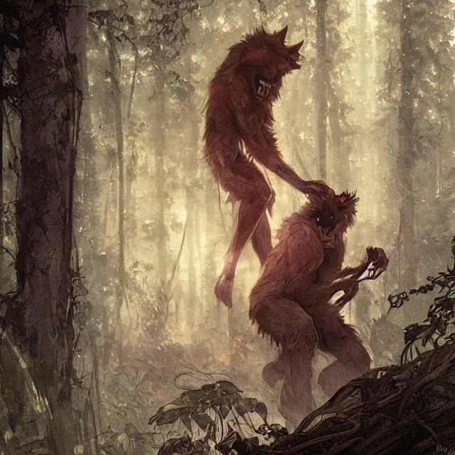 Image similar to a male werewolf with long claws fighting a young fit male vampire in a dark forest at night, by greg rutkowski and alphonse mucha, gradient brown to red, highly detailed, digital painting, artstation, concept art, smooth, sharp focus illustration