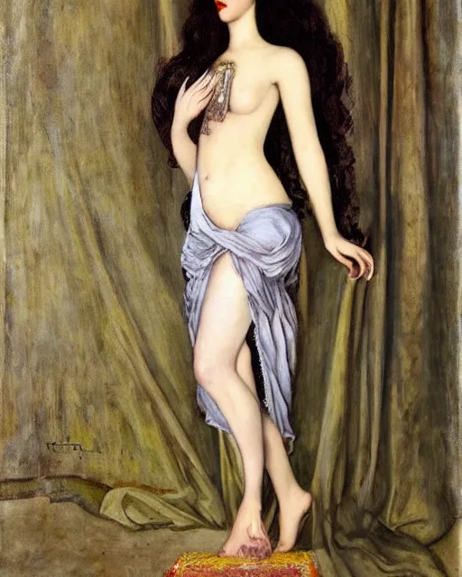 Prompt: a painting portrait of a pale skin dark hair curls queen by armstrong wolf, by gustave moreau by nicholas roerich, realistic, curves, soft pale tone, pin - up, airbrush dark dress, standing, drapery, curtain, dawn