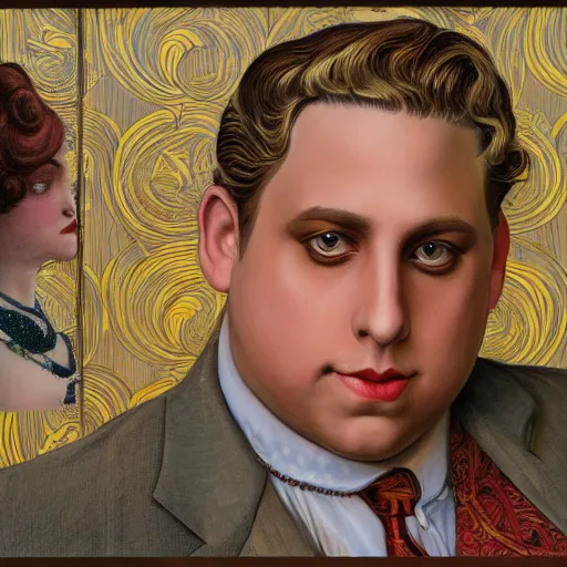 Image similar to an art nouveau streamline moderne portrait of jonah hill in the style of donato giancola and charles dulac and anna dittmann.