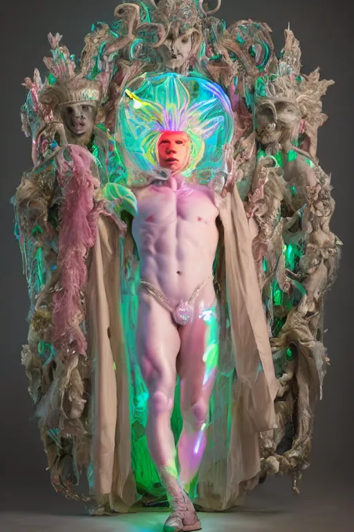 Image similar to full-body rococo and cyberpunk delicate neon crystalline sculpture of ((muscular albino prince Nick Jonas)) as an iridescent humanoid deity wearing a thin see-through ((plastic hooded cloak)) sim roupa (holding a human skull), reclining con (((las piernas abiertas))), glowing pink face, crown of (white lasers), large diamonds, swirling black silk fabric. futuristic elements. oozing glowing liquid, full-length view. space robots. intricate artwork by caravaggio. Trending on artstation, octane render, cinematic lighting from the right, hyper realism, octane render, 8k, depth of field, 3D