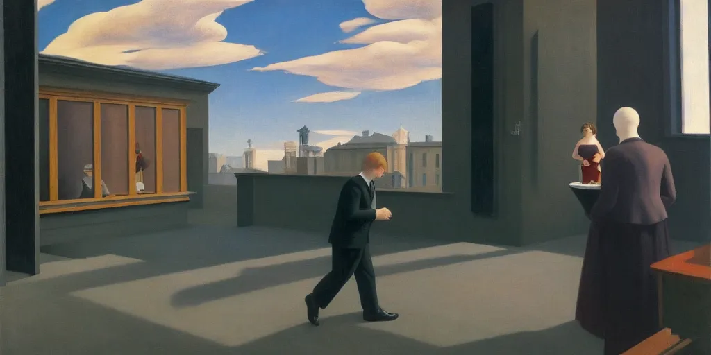 Prompt: three peculiar people pictured in afternoon light, clouds, bird, open ceiling, strange foreign objects, surrealist oil painting by edward hopper, chirico and rene magritte