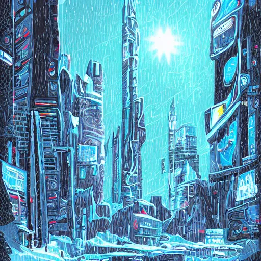 Prompt: mystic winter landscape, cyberpunk by mike allred