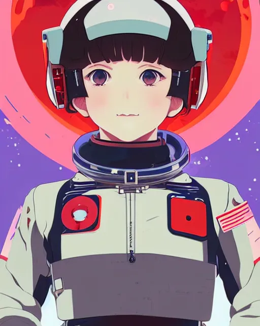 Image similar to ilya kuvshinov anime illustration of young astronaut girl, last exile, murata range, fine detail, perfect anime face, dramatic lighting, dynamic composition, art deco, cel shading, vivid, rich texture, yoshinari yoh, alphonse mucha, ( ( ( colorful ) ) )