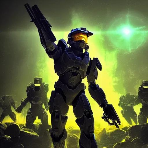 Image similar to digital art, trending on artstation, the master chief of halo fighting an army of aliens in hell.