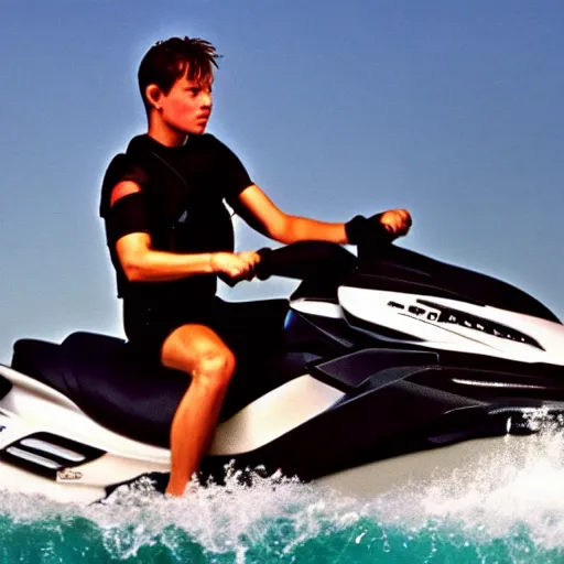 Image similar to john connor on a jet ski 35mm film 4k