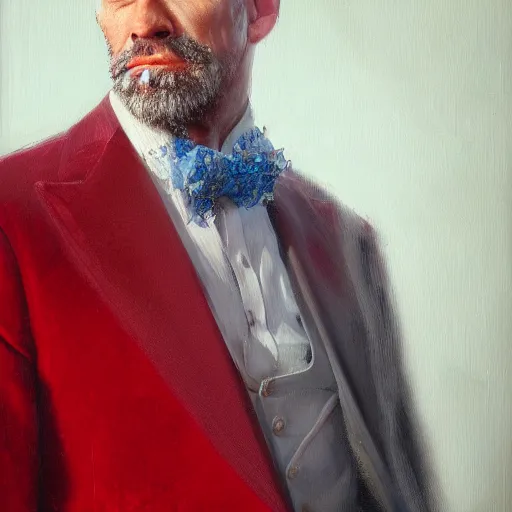 Image similar to A painting of a 40 year old man with sharp facial features and a light stubble, grey hair, blue eyes, beautiful and detailed, he is wearing a crimson red velvet suit, oil painting, by Greg Rutkowski, trending on artstation