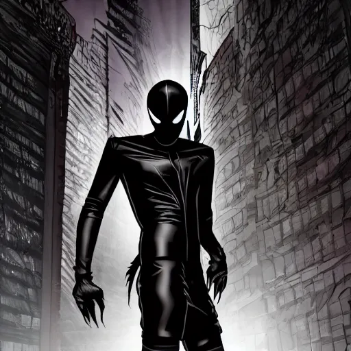 Image similar to goth emo spiderman in his alternate black cyberpunk suit