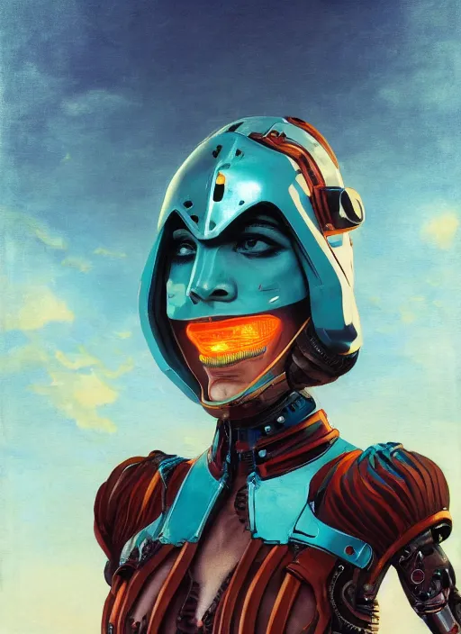 Prompt: symmetry!! dynamic pose! closeup portrait of a cyborg pirate girl, fashion cyborg jumpsuit, shoulder pads, cinematic light, backlight, windy, teal orange, volumetric steam, dust particles, by gerald brom, by mikhail vrubel, by peter elson, muted colors, extreme detail, trending on artstation, 8 k
