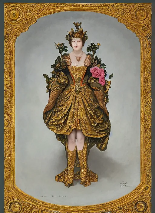 Image similar to a magnificent robot young queen elizabeth of england, neo - rococo gilded engraved armor with precious stones, a heavy richly embroidered velvet cloak, with lush rose bush all around, by victor ngai, alphonse mucha, william bouguereau, william morris, symmetrical features, symmetrical pose, wide angle shot, head to toe, standing pose, feet on the ground