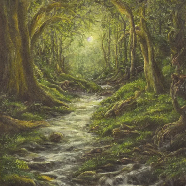 Image similar to light oil painting of a forest with a stream running down the middle with tiny female woodland sprites dancing, anatomically correct