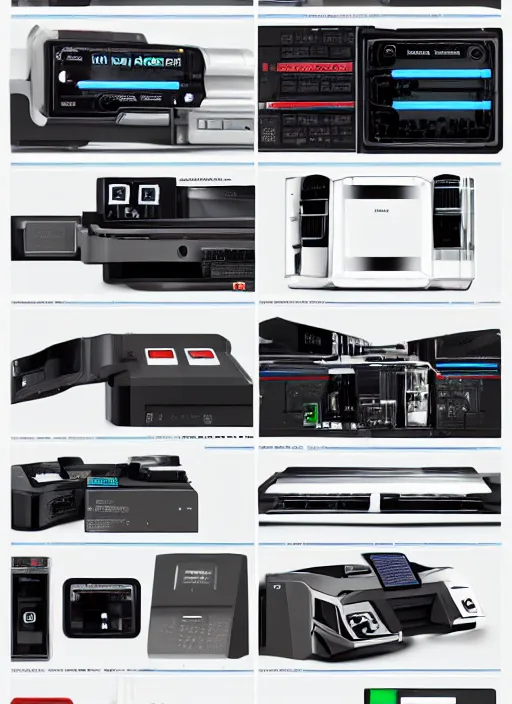 Image similar to electronics catalogue pages, hyper-detailed futuristic gadgets designed by Syd Mead, Jony Ive and Dieter Rams