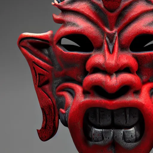 Image similar to Oni mask, mysterious and evocative, black and red details, photorealistic, octane render, highly detailed, 4K, ray tracing, ambient lighting, H 1024