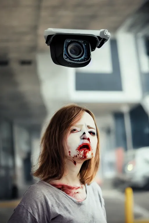Prompt: feminist zombie with karen haircut cctv security camera photograph. 8 k resolution photorealistic