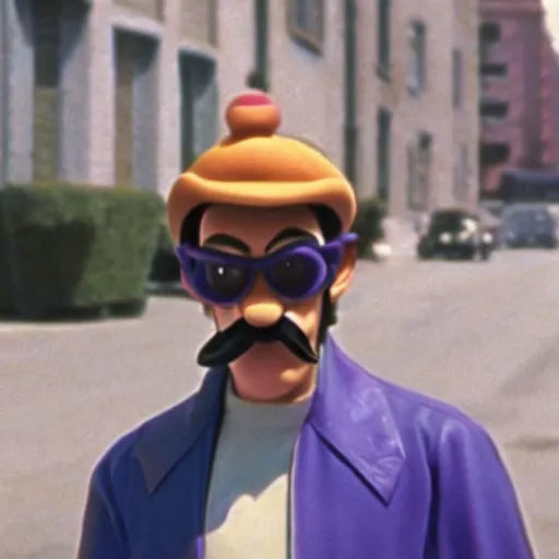 Prompt: A film still from a gritty 1970s Martin Scorcese movie about Waluigi. Realism. 4k. 8mm. Grainy. Panavision.