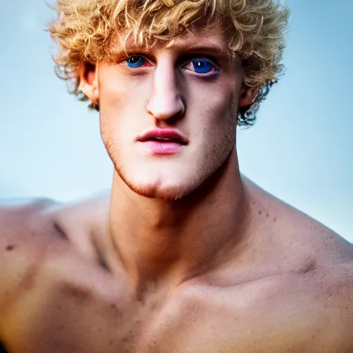 Prompt: a realistic detailed photo of a guy who is an attractive humanoid who is half robot and half humanoid, who is a male android, boxer and youtuber logan paul, shiny skin, posing like a statue, blank stare, by the pool, on display