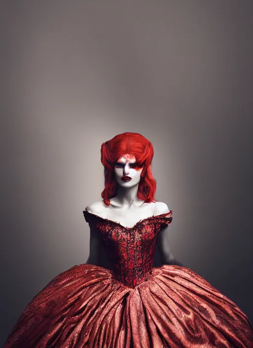 Prompt: a photorealistic dramatic hyperrealistic editorial fashion render of the glamorous red queen from alice in wonderland by alexander mcqueen and lindsay adler, beautiful dynamic dramatic dark moody lighting, shadows, cinematic atmosphere, 8 k