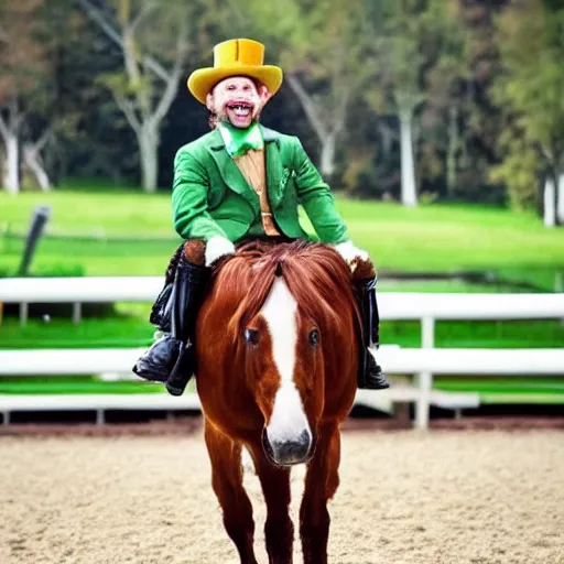 Prompt: a leprechaun on a horse drinking a guinness