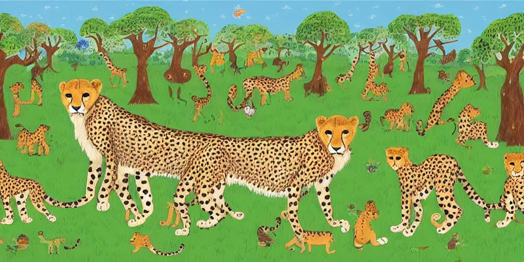 Image similar to whole family of cheetah and lion in happy forest , huge scale, high detail, intricate by Axel Scheffler