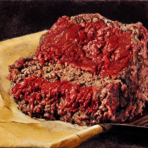 Prompt: big eyes wide open, horrific sentient meatloaf, holding meatloaf, sloppy, gross, meatloaf, hyper realistic, terrifying, disturbing, strange, bizarre, masterpiece, meatloaf is everywhere, ground beef bloody, liquid, 4 k, vivid colors, elegant, highly detailed, john park, frazetta, john howe, ruan jia, jeffrey catherine jones