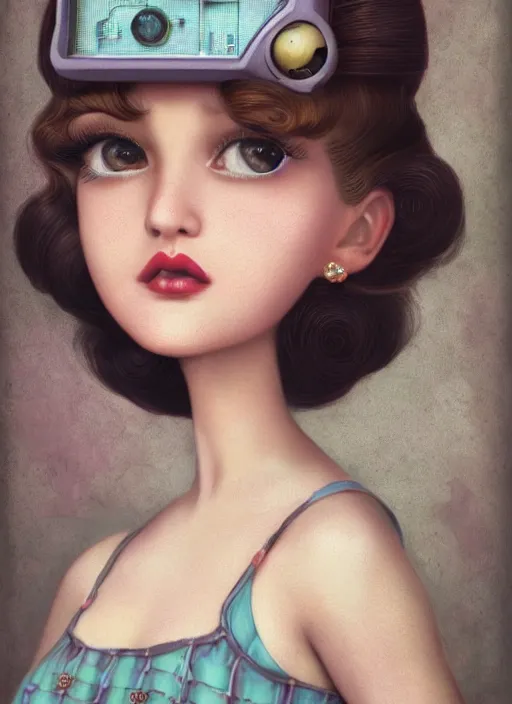 Prompt: portrait of a retro girl's 1 9 5 0 s, depth of field, zeiss lens, detailed, symmetrical, centered, fashion shoot, by nicoletta ceccoli, mark ryden, lostfish, stunning, 8 k resolution, extremely detailed, beautiful, establishing shot, artistic, hyperrealistic, octane render, steampunk