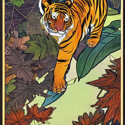 Prompt: a highly detailed portrait of cartoon tiger, sweating, flapping a leaf fan, autumn leaves on the ground, concise lines, ultradetailed environment, sharp focus, cinematic lighting, character art, 8 k, by alphonse maria mucha and kim jung gi