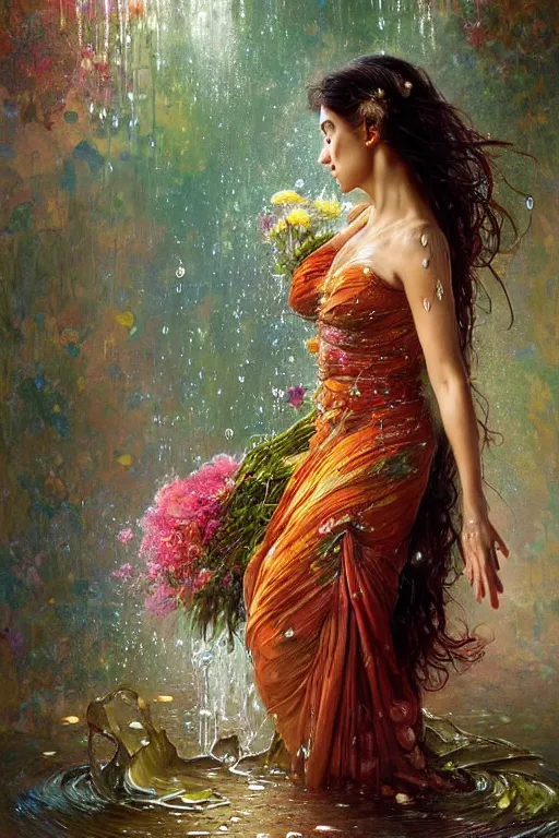 Image similar to portrait of a beautiful woman wearing a sari dress, holding a bouquet of flowing flowers, drenched body, wet dripping hair, emerging from the water, fantasy, regal, fractal crystal, fractal gems, by stanley artgerm lau, greg rutkowski, thomas kindkade, alphonse mucha, loish, norman rockwell