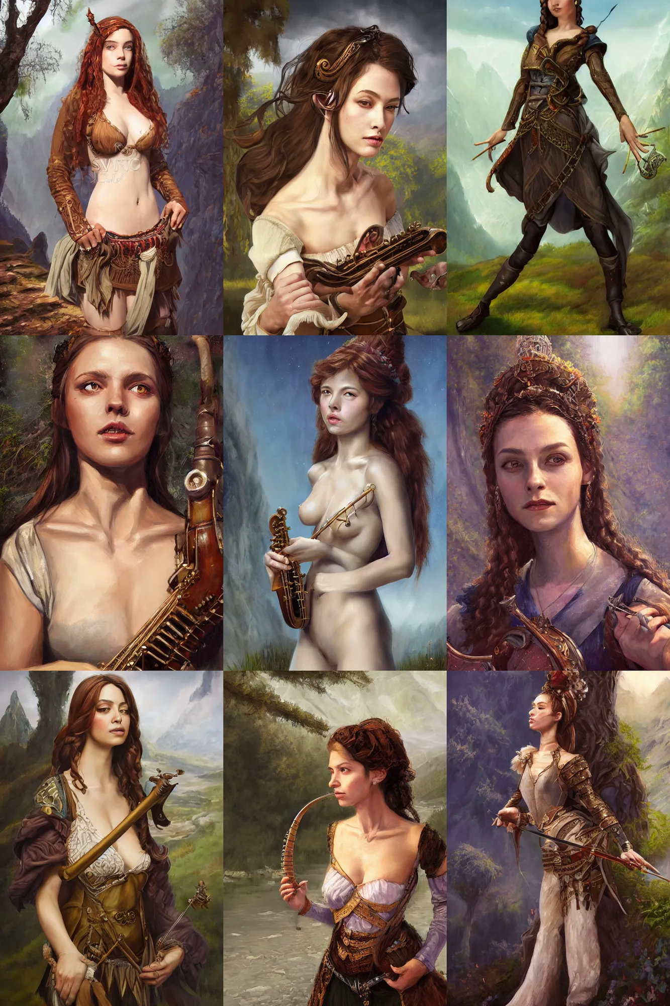 Prompt: a full body high detail fantasy portrait oil painting illustration of a single beautiful sophisticated bard woman by justin sweet with face and body clearly visible, in a scenic background, pupils visible, realistic proportions, d & d, rpg, forgotten realms, artstation trending, high quality, sombre mood, artstation trending, muted colours, entire person visible!