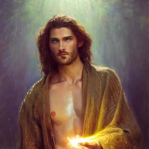 Prompt: a handsome slender young man with wavy brown hair summons a ball of light into his hand. urban fantasy. modern. dramatic. cinematic. holy. saintly. demigod. lord of light. detailed. sharp. photo realistic. realism. gaston bussiere. geoffroy thoorens