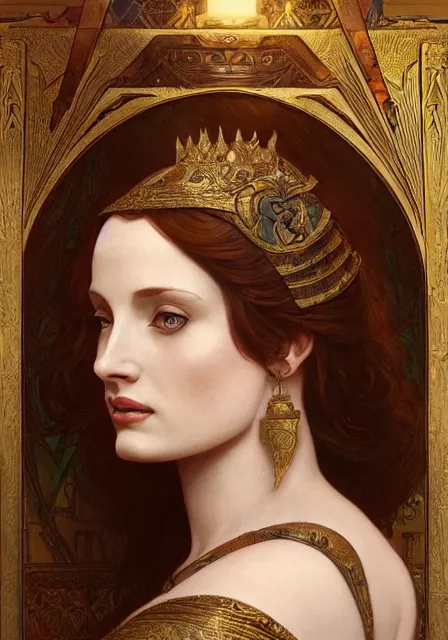 Image similar to sansa angeline jolie gessica chastain mummy cleopatra, intricate, elegant, highly detailed, digital painting, artstation, concept art, smooth, sharp focus, illustration, art by artgerm and greg rutkowski and alphonse mucha and william - adolphe bouguereau