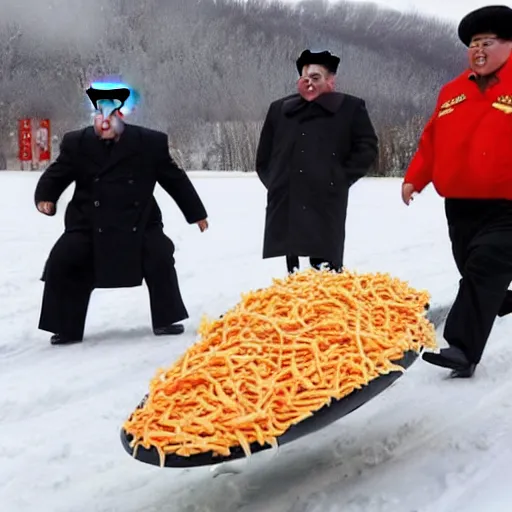 Prompt: kim jong - un sledding down a hill made out of poutine, shredded cheese falling from the sky,